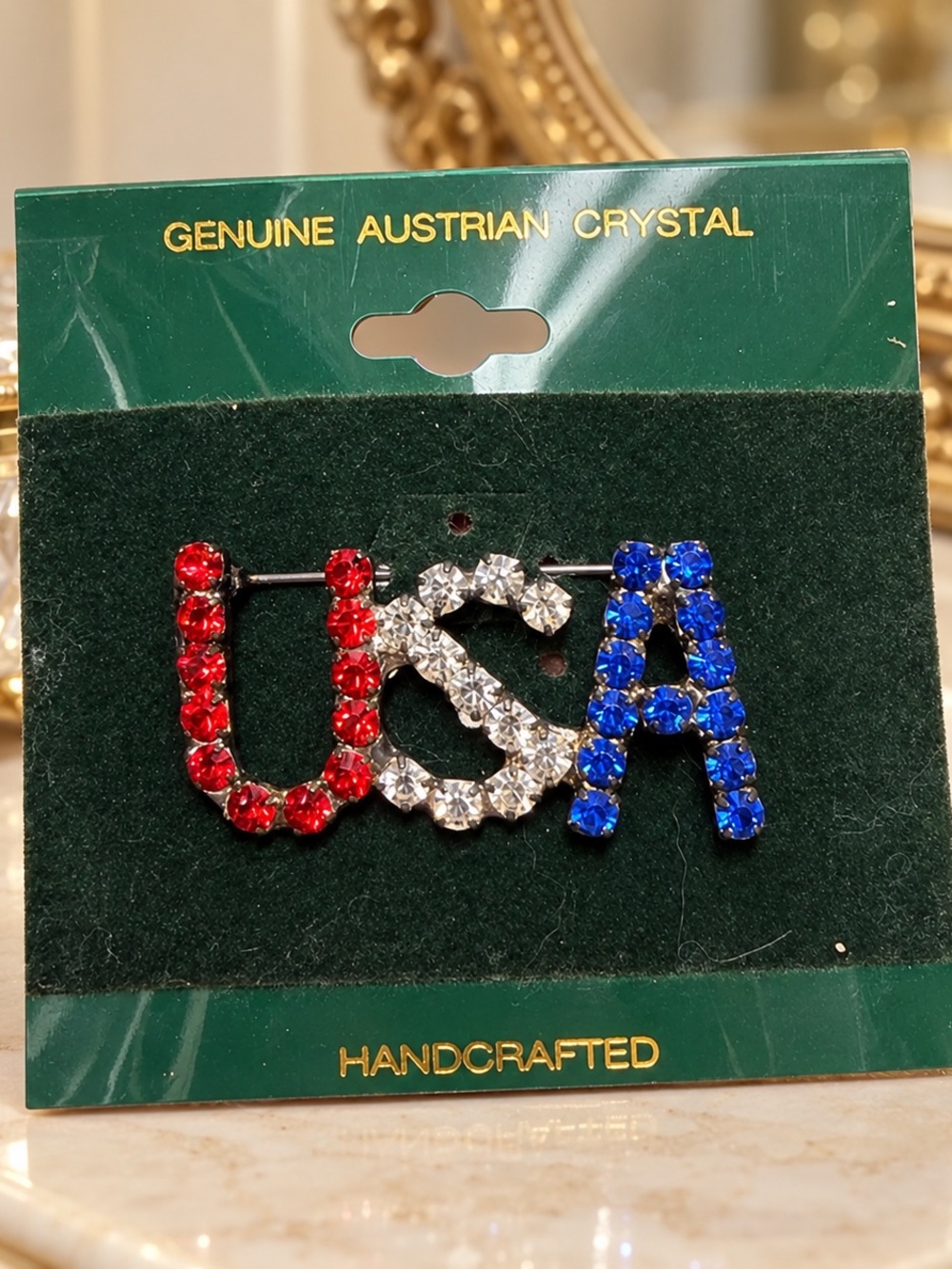 Handcrafted 'USA' Crystal Pin Brooch - Red, Clear & Blue